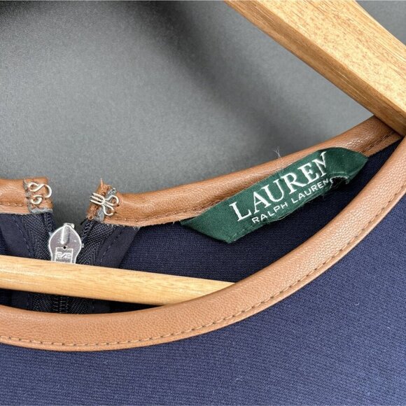 Lauren Ralph Lauren Sleeveless Midi Dress Size S/M Navy Faux Leather Trim Preppy - Picture 3 of 7